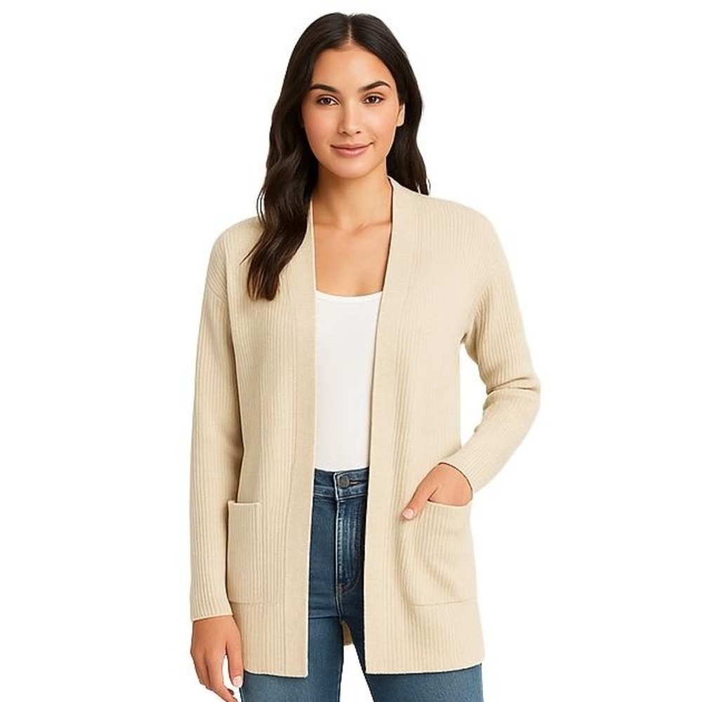 LULUS Cream Open Front Ribbed Knit Patch Pockets Cardigan‎ Womens Small